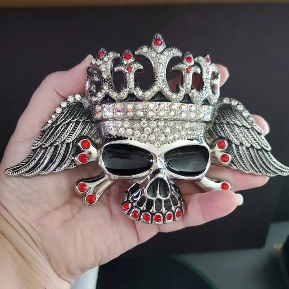 Winged Skull Crown Belt Buckle Red Clear Rhinestone Biker Gothic Silver Tone